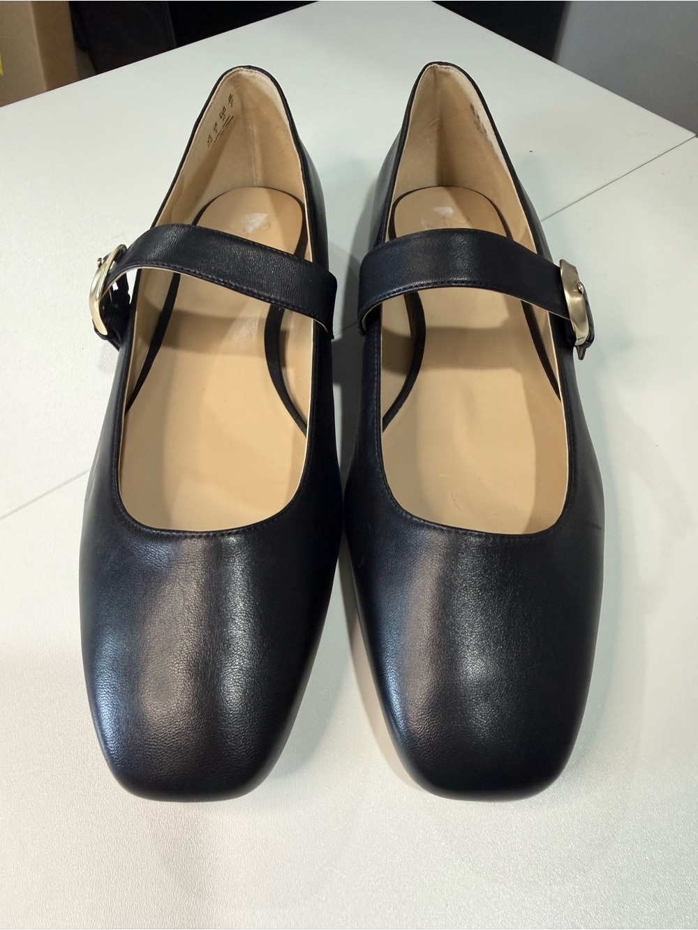27 EDIT Black Leather Mary Jane Flats with Gold Buckle Detail - 11 Wide